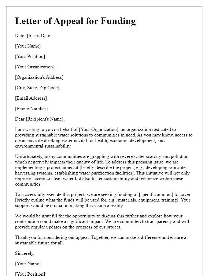 Letter template of appeal for funding for sustainable water solutions.