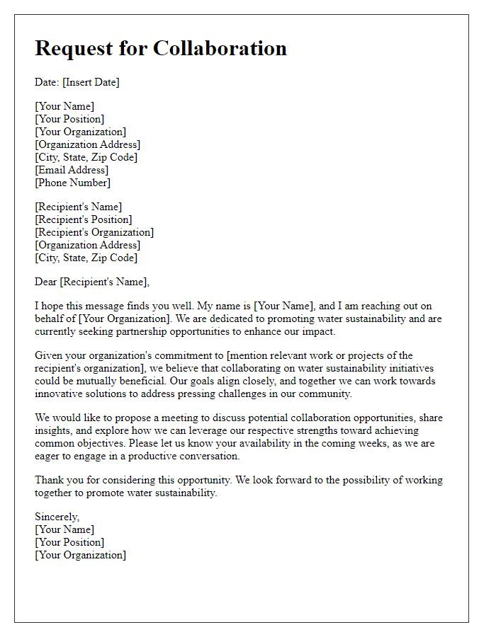 Letter template of request for collaboration on water sustainability projects.