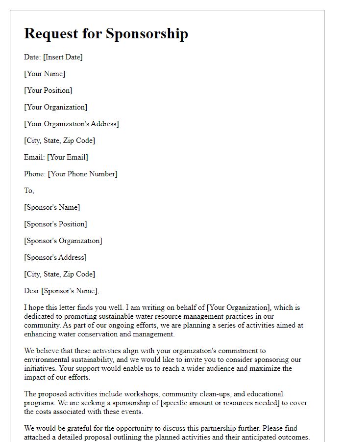 Letter template of request for sponsorship of water resource management activities.