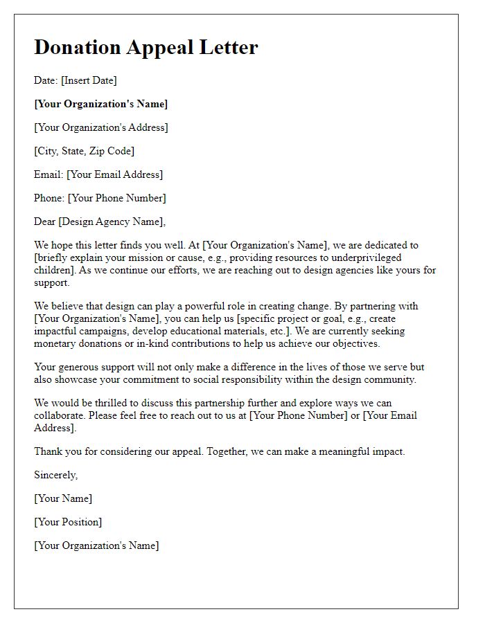 Letter template of donation appeal to design agencies