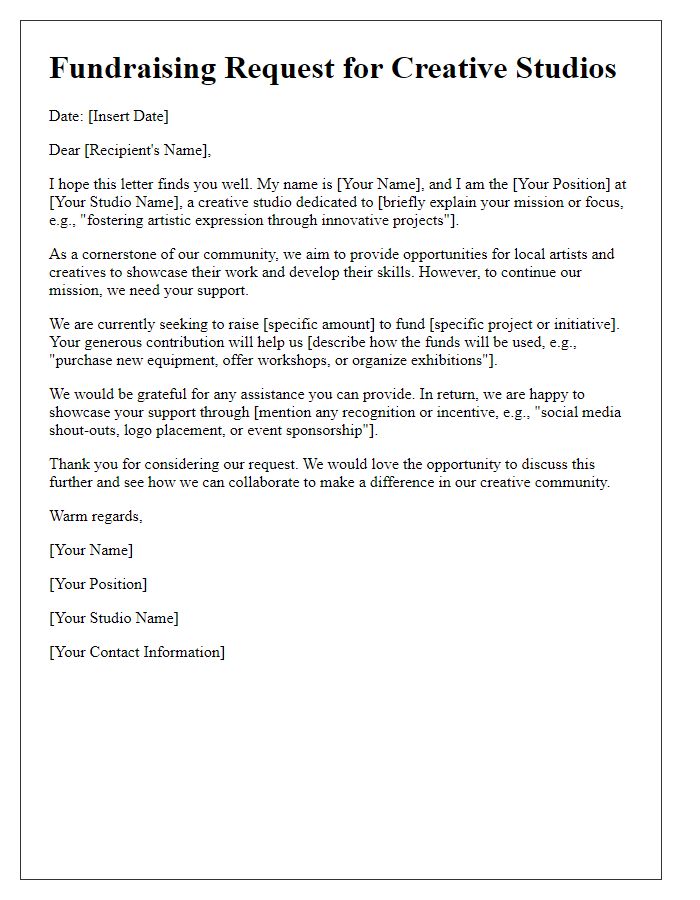 Letter template of fundraising request for creative studios