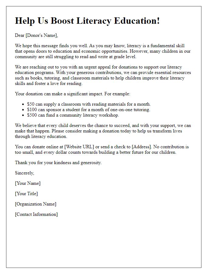 Letter template of an appeal for donations to boost literacy education.