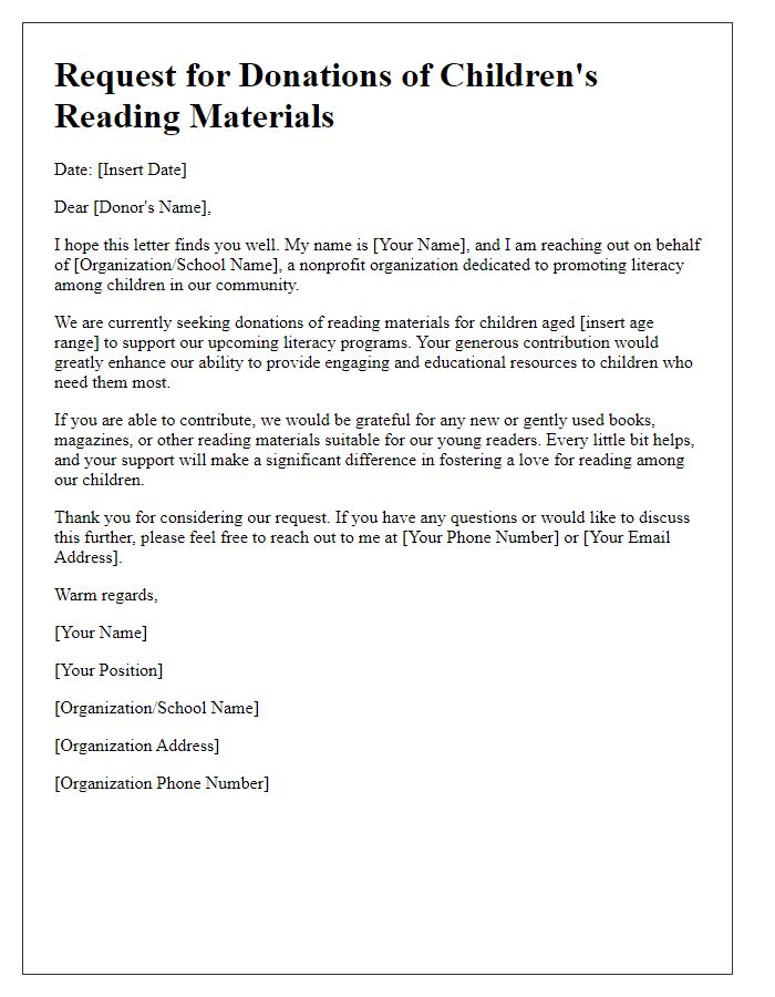 Letter template of a charitable request for children's reading materials.