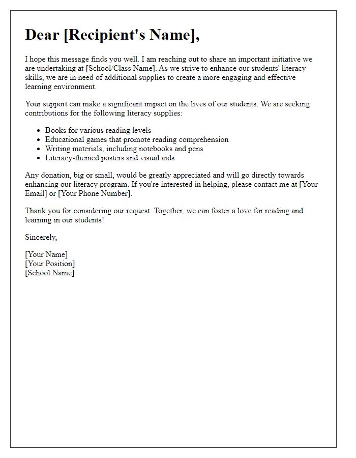 Letter template of a contribution ask for classroom literacy supplies.