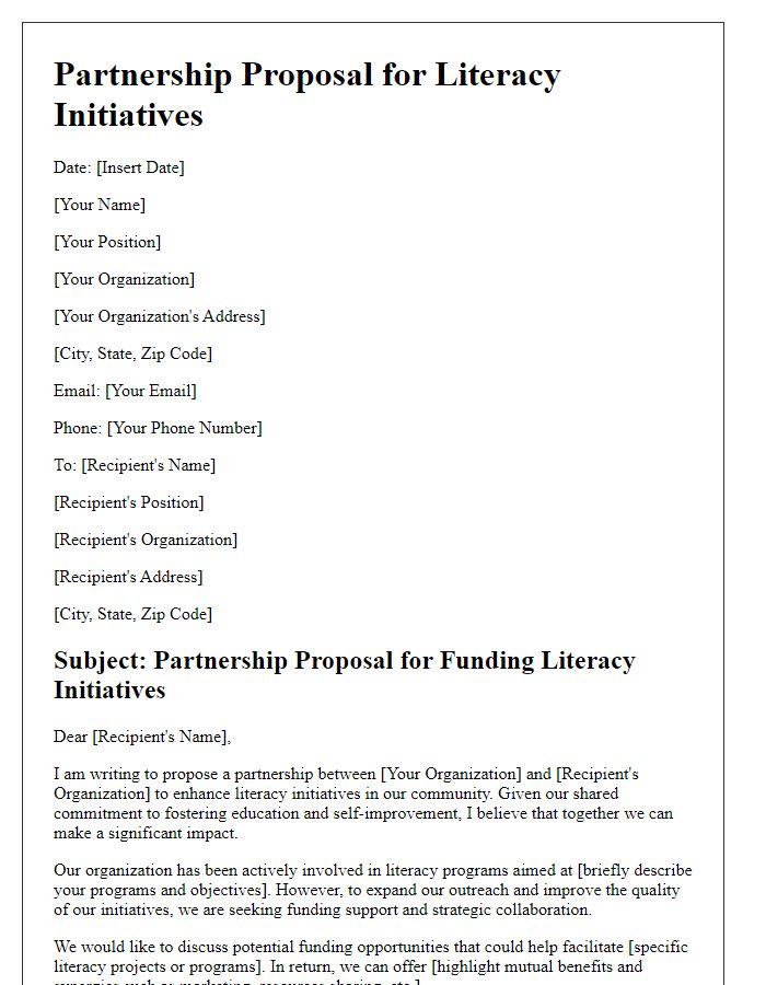 Letter template of a partnership proposal for literacy initiatives funding.