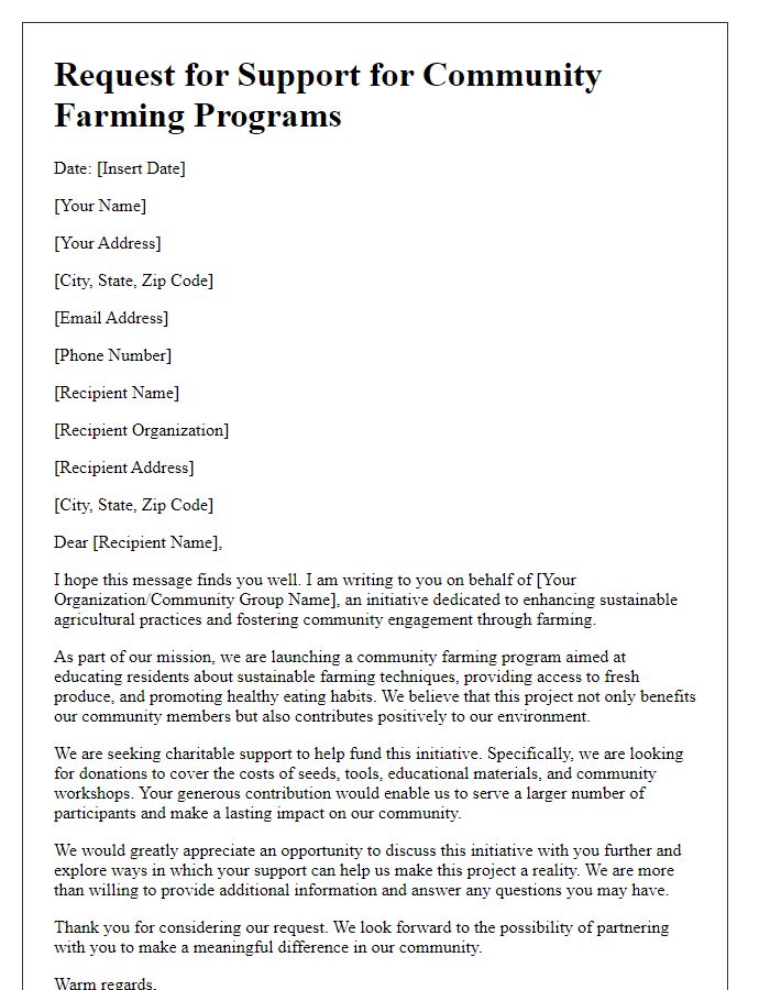 Letter template of charitable request for community farming programs