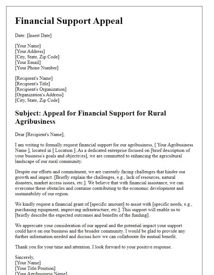 Letter template of financial support appeal for rural agribusiness