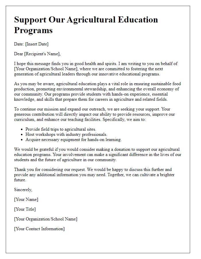 Letter template of support solicitation for agricultural education programs