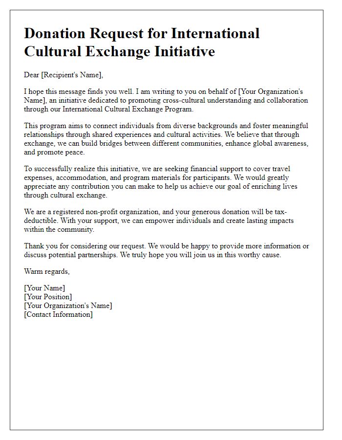 Letter template of a donation request for an international cultural exchange initiative.