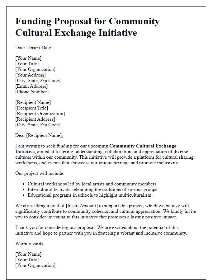 Letter template of a funding proposal for a community cultural exchange initiative.