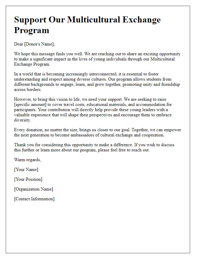 Letter template of a fundraising appeal for a multicultural exchange program.