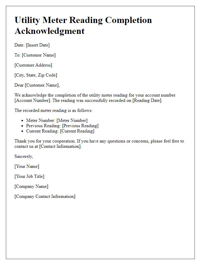 Letter template of utility meter reading completion acknowledgment