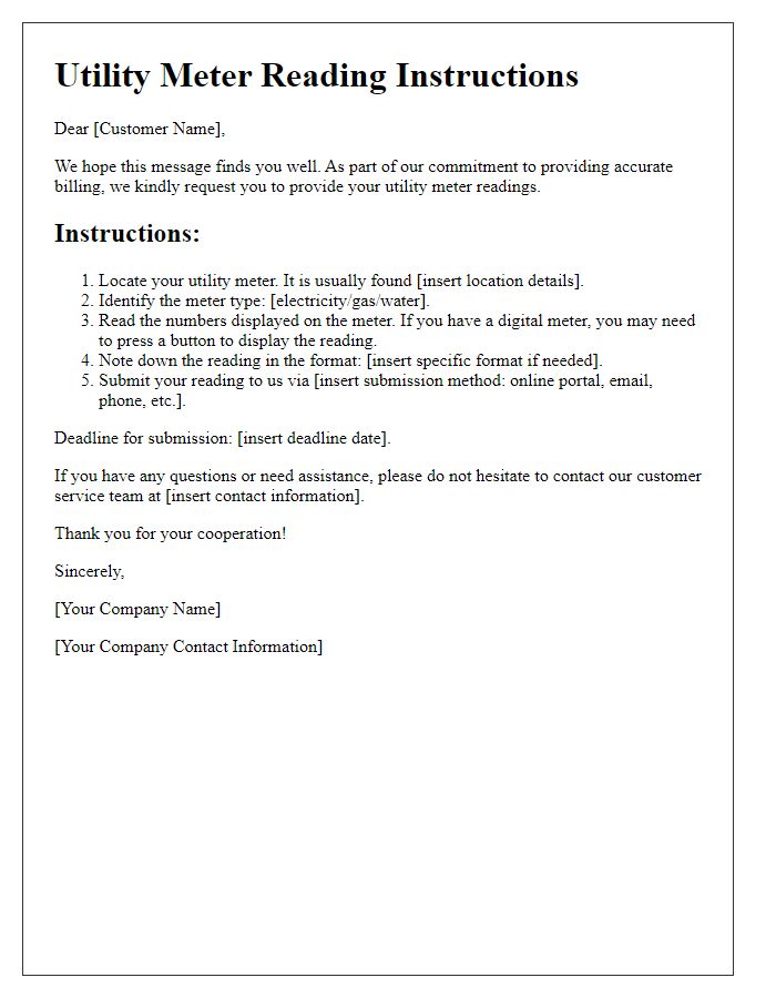 Letter template of utility meter reading instructions