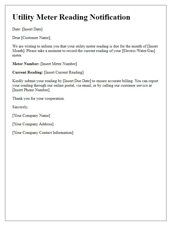 Letter template of utility meter reading notification