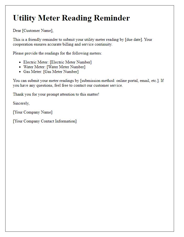 Letter template of utility meter reading reminder