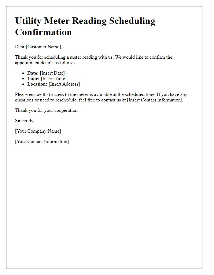 Letter template of utility meter reading scheduling confirmation