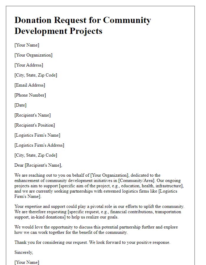 Letter template of donation request addressed to logistics firms for community development projects.