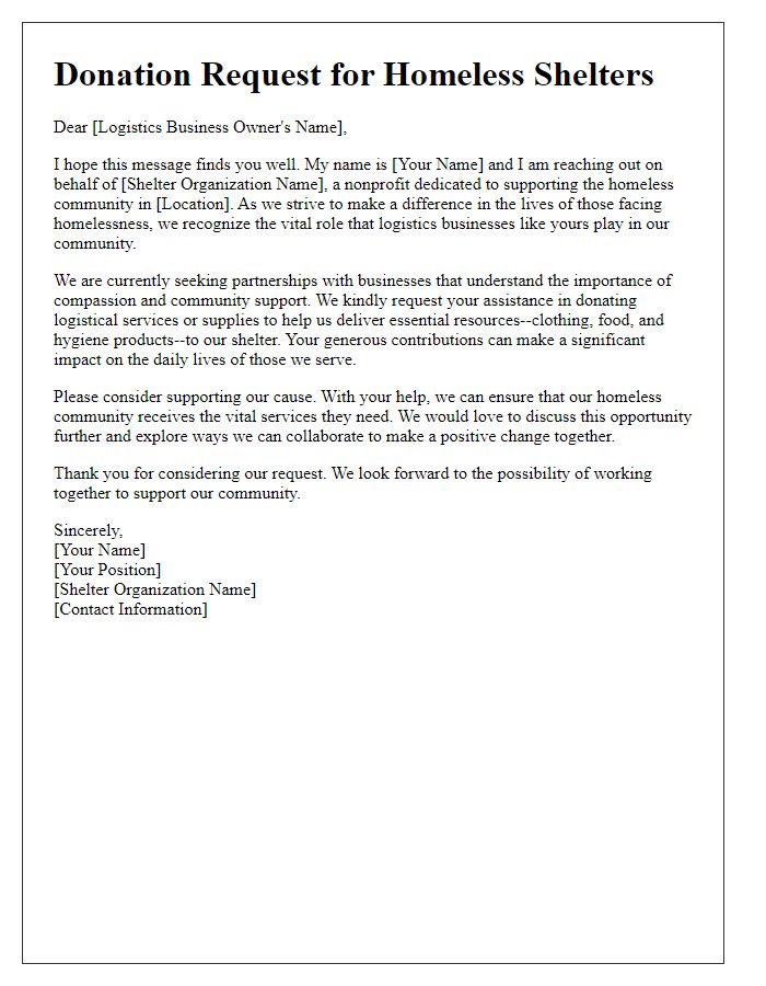 Letter template of donation request encouraging logistics businesses to aid homeless shelters.