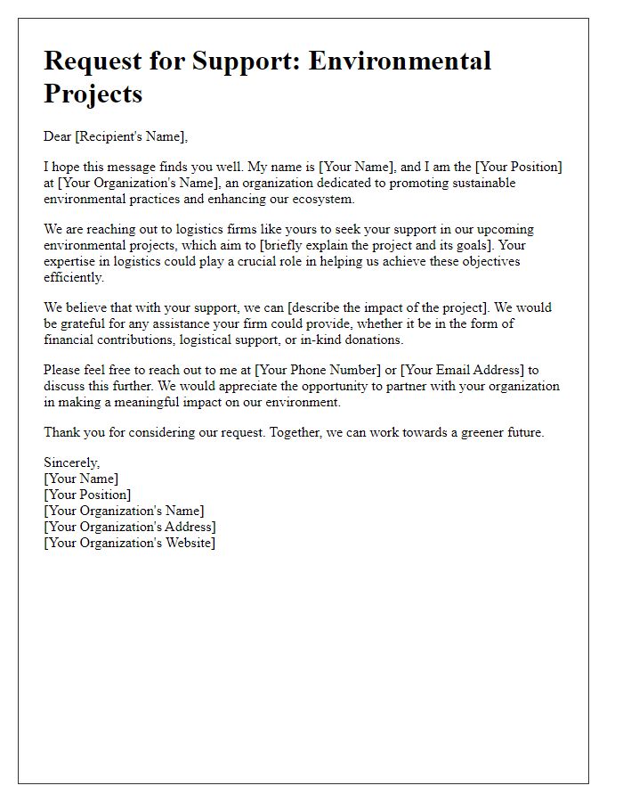 Letter template of donation request seeking support from logistics firms for environmental projects.