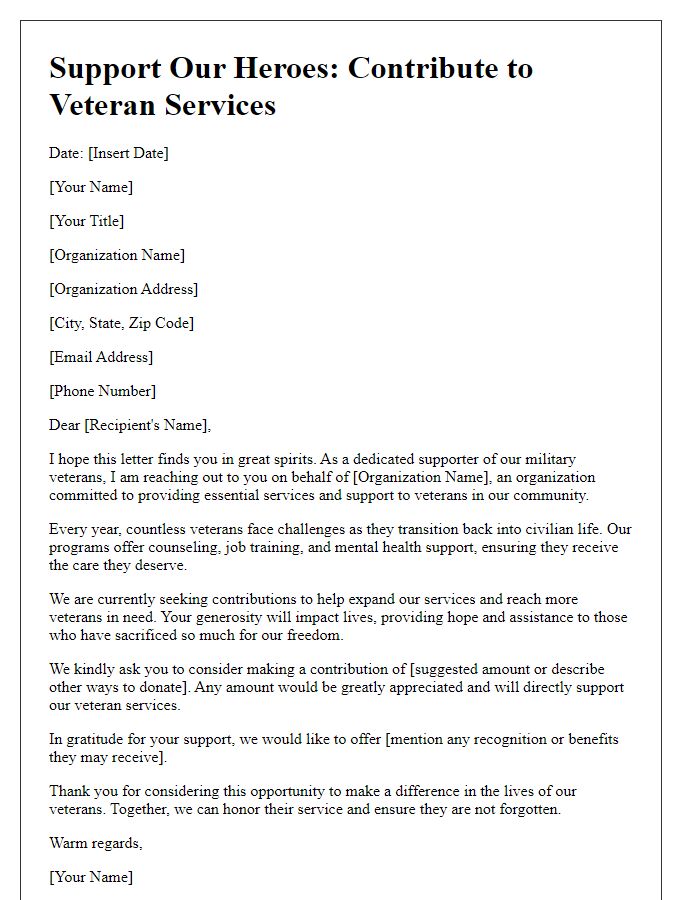 Letter template of contribution solicitation for military veteran services