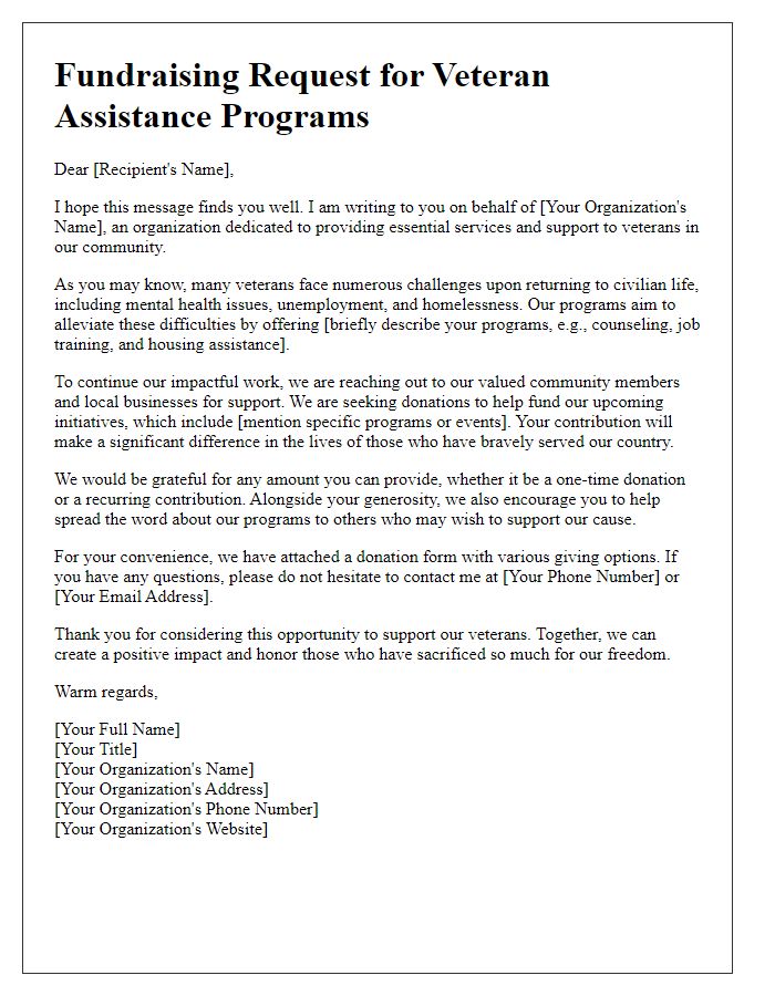 Letter template of fundraising request for veteran assistance programs