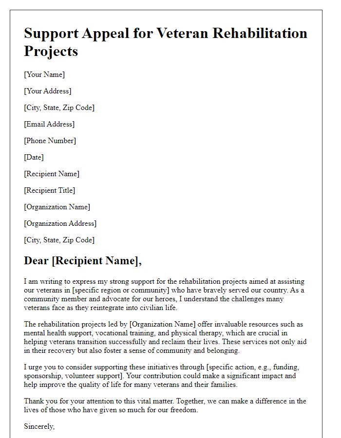 Letter template of support appeal for veteran rehabilitation projects