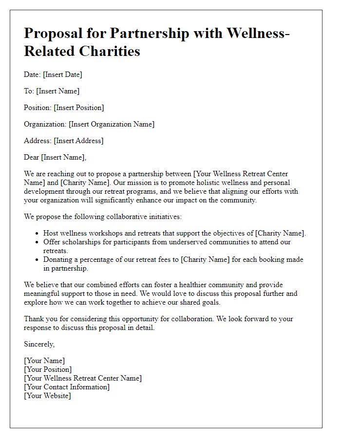 Letter template of proposal for wellness retreat centers to support wellness-related charities.