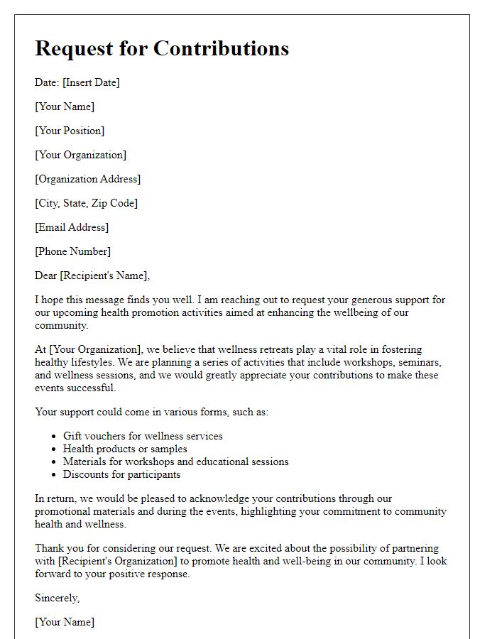 Letter template of request for contributions from wellness retreat centers for health promotion activities.