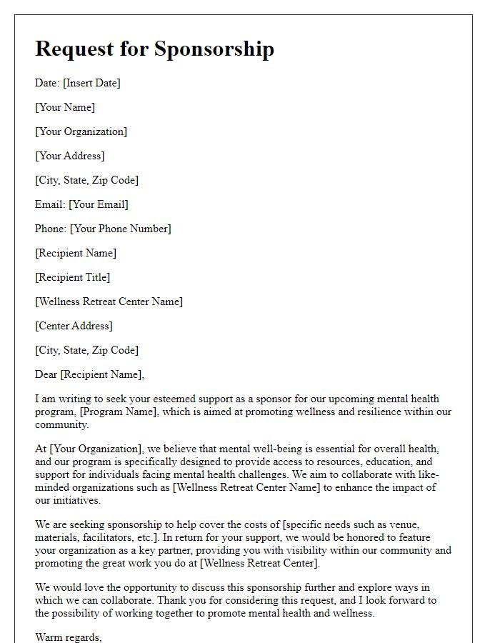 Letter template of request for sponsorship from wellness retreat centers for mental health programs.