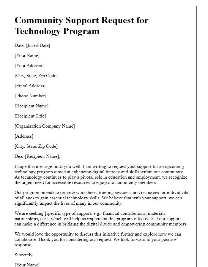 Letter template of community support request for technology program