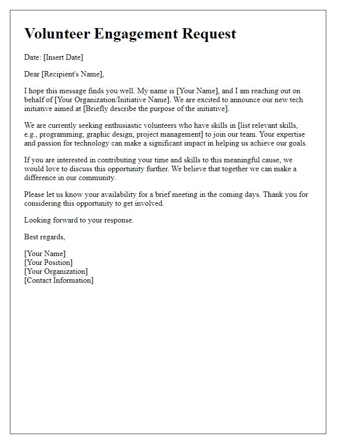 Letter template of volunteer engagement request for tech initiative