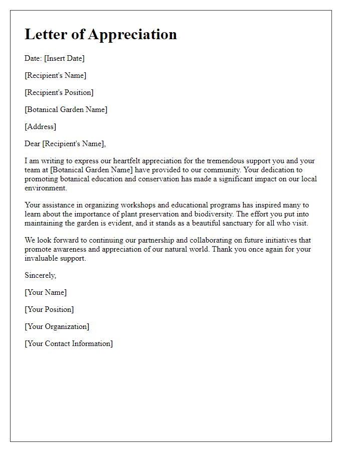 Letter template of appreciation for botanical garden support