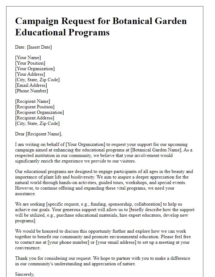 Letter template of campaign request for botanical garden educational programs