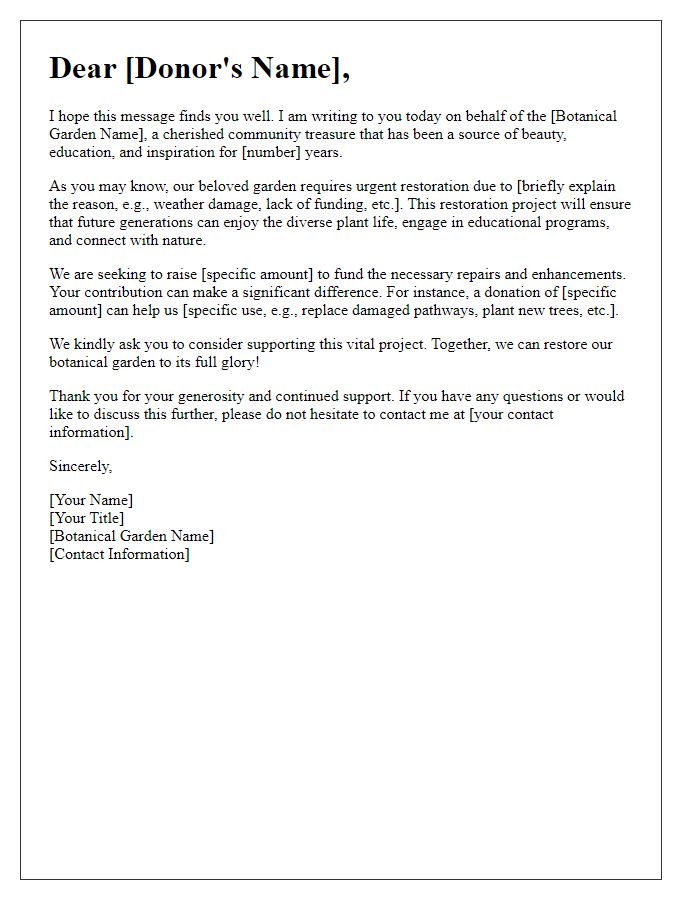 Letter template of fundraising appeal for botanical garden restoration