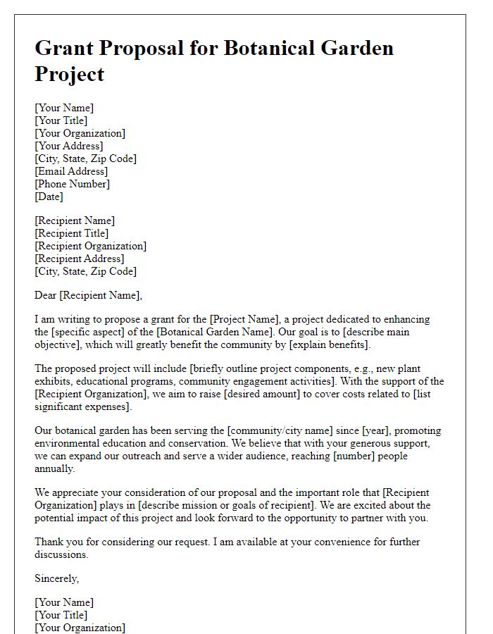 Letter template of grant proposal for botanical garden projects