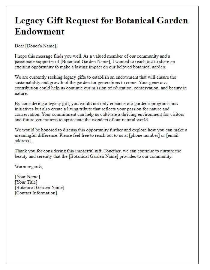 Letter template of legacy gift request for botanical garden endowment