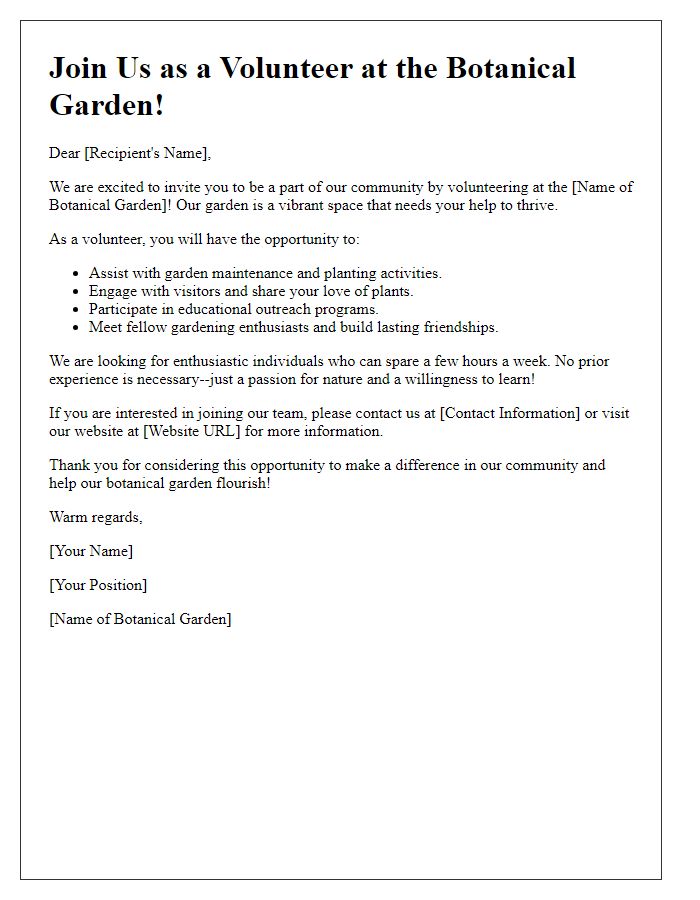 Letter template of volunteer recruitment for botanical garden activities