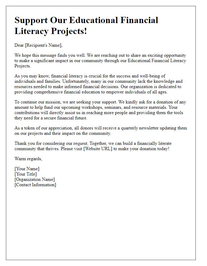 Letter template of appeal for donations towards educational financial literacy projects.