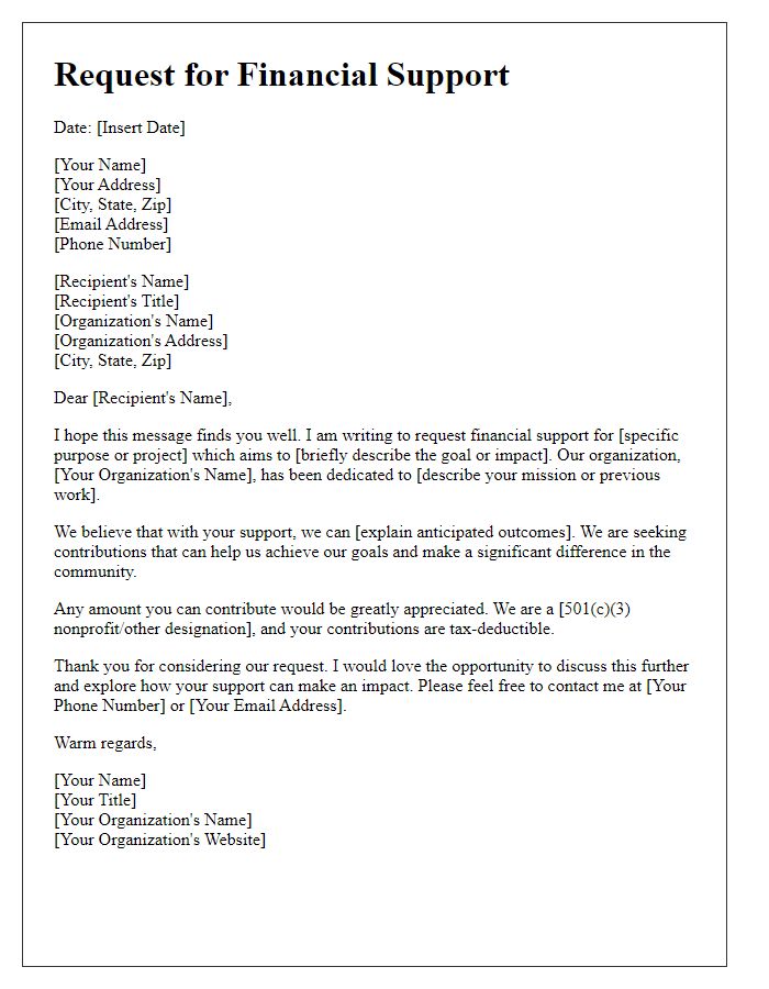 Letter template of financial support request for charitable contributions.