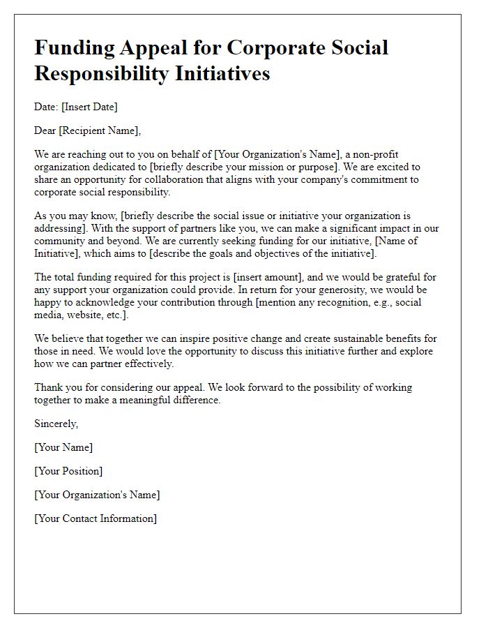 Letter template of funding appeal for corporate social responsibility initiatives.