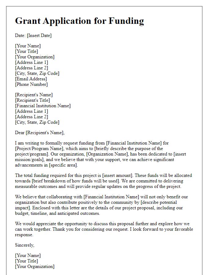 Letter template of grant application for funding from financial institutions.