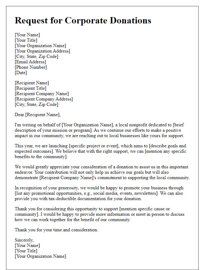 Letter template of request for corporate donations to support local nonprofits.