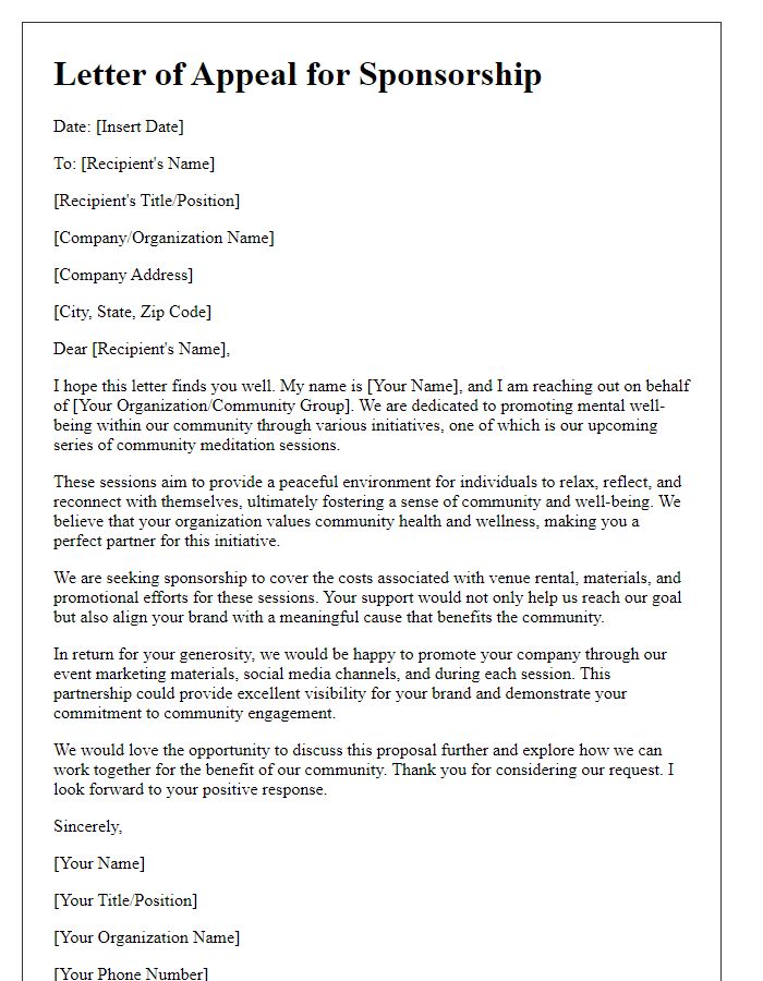 Letter template of appeal for sponsorship of community meditation sessions.