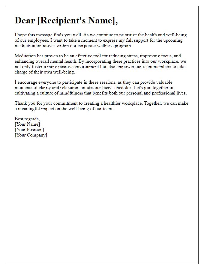 Letter template of encouragement to support corporate wellness meditation initiatives.