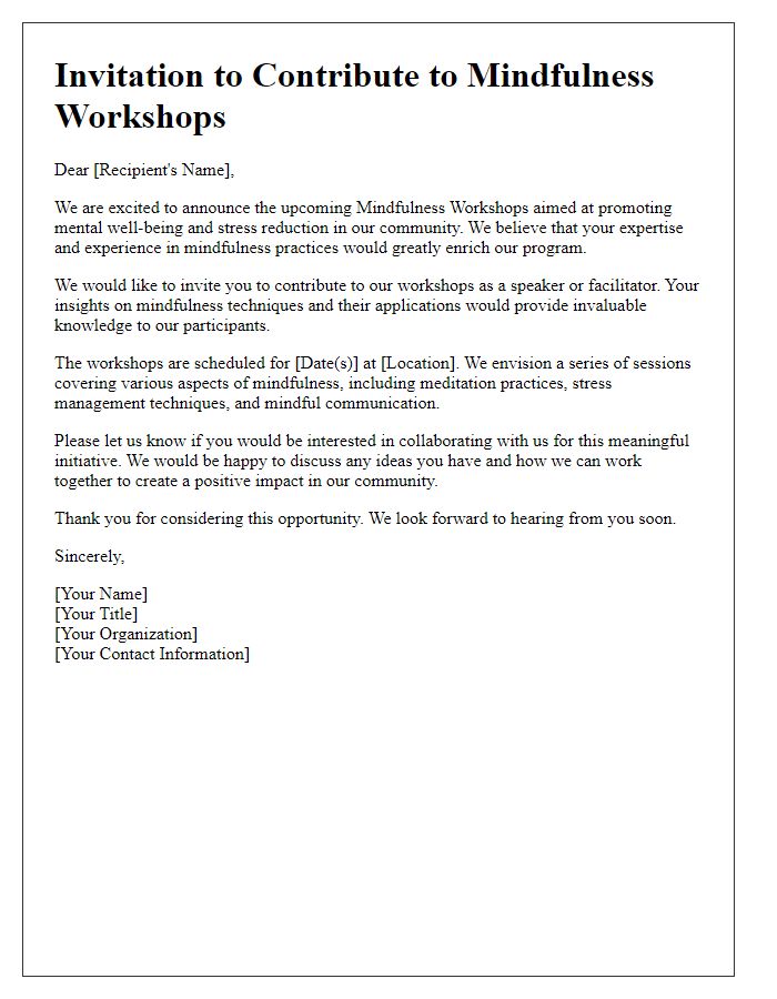 Letter template of invitation to contribute to mindfulness workshops.