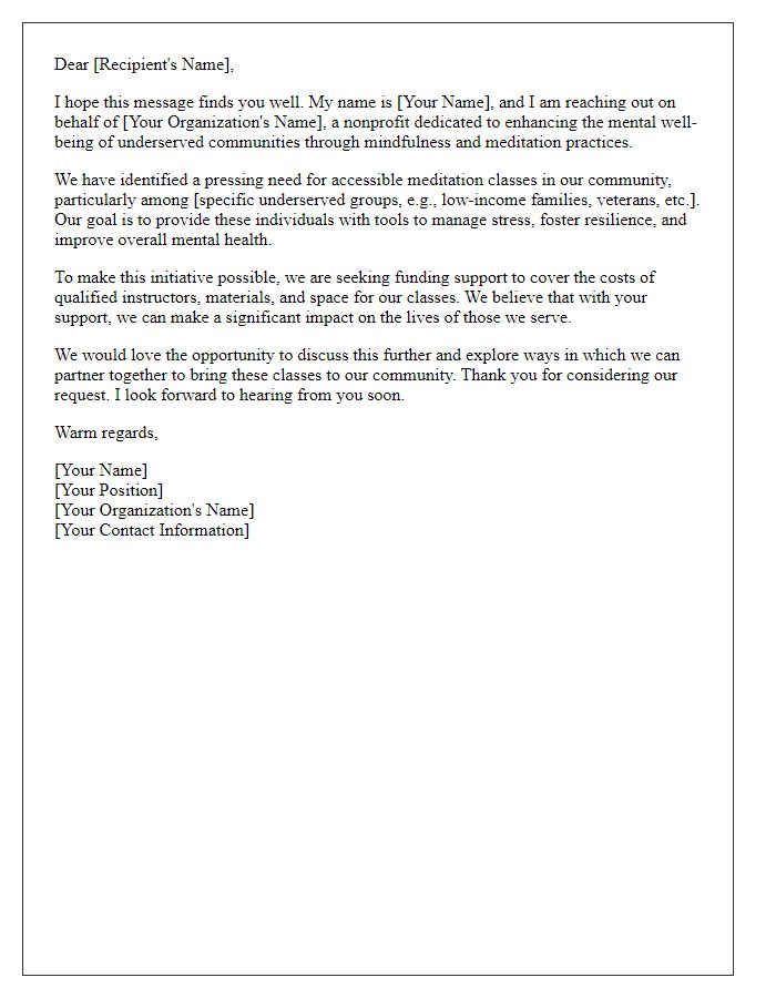 Letter template of outreach for funding meditation classes for underserved groups.