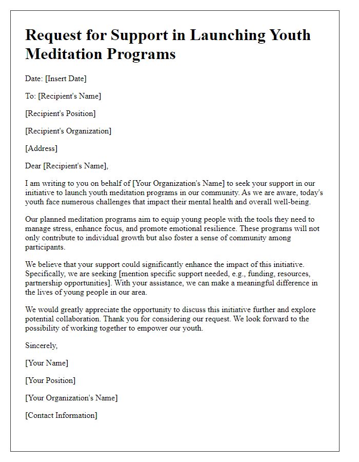 Letter template of request for support in launching youth meditation programs.