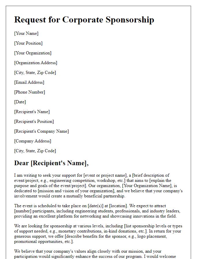 Letter template of corporate sponsorship request to engineering firms