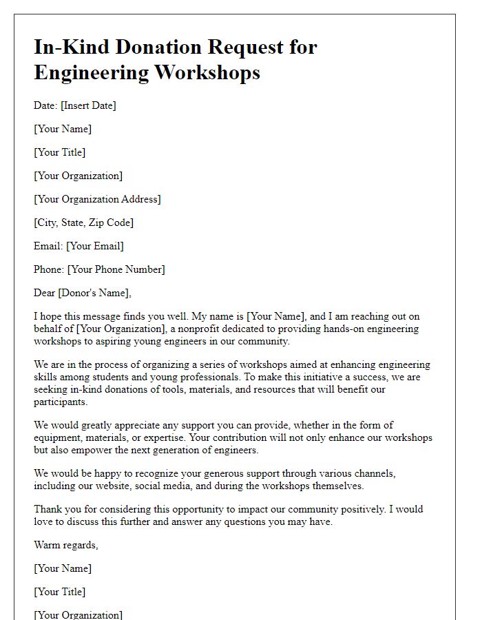 Letter template of in-kind donation request for engineering workshops