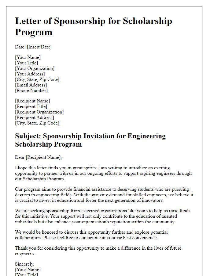 Letter template of scholarship program sponsorship to engineering organizations